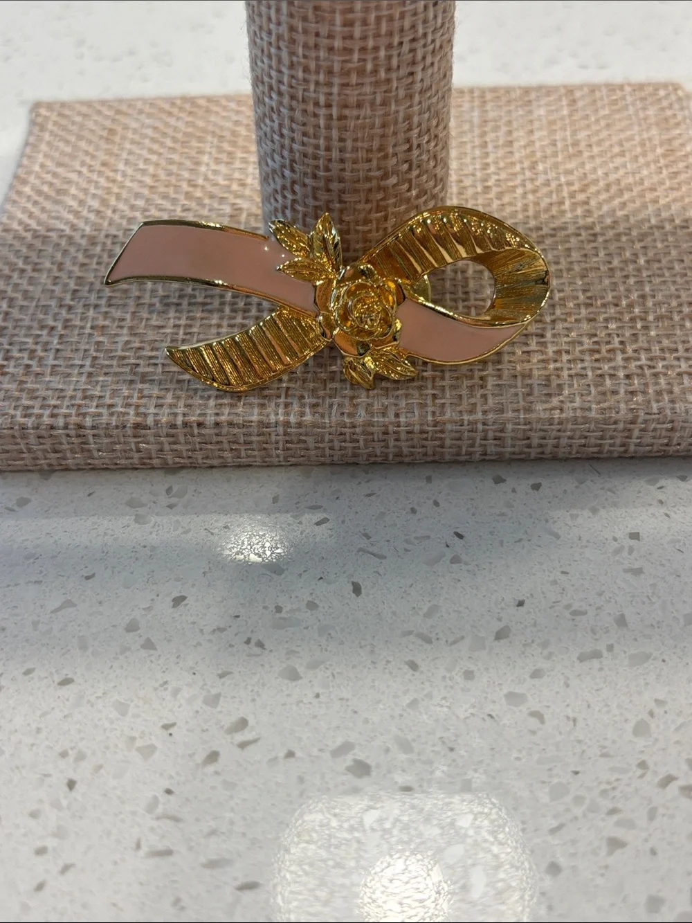 Vintage Avon Breast Cancer Awareness Pin Pink Ribbon Gold Tone Rose Brooch 1990